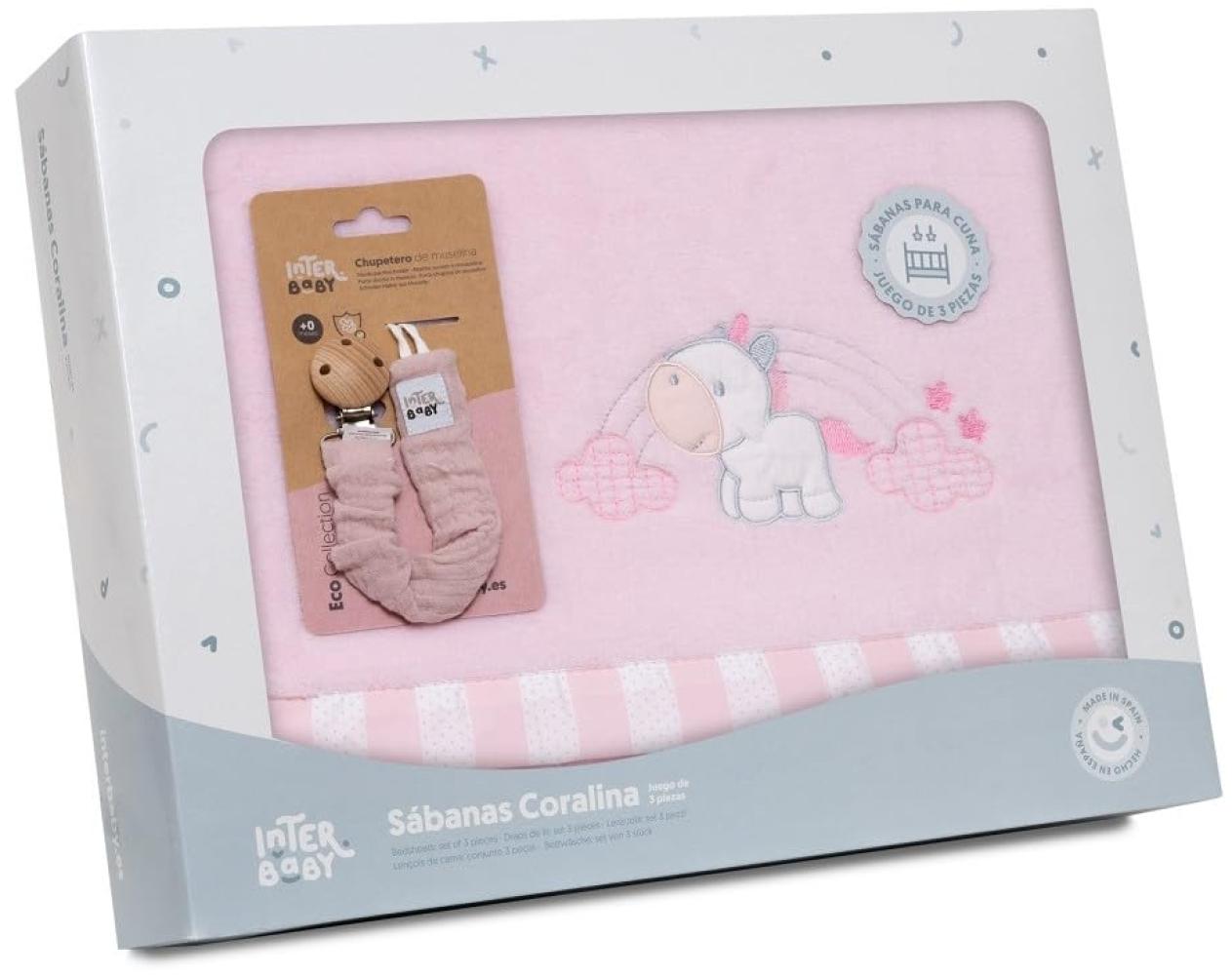 Fleece-Plüsch-Bettlaken-Set Kinderbett "Unicornio Nube" rosa & Schnullerketten Musseline mit Clip · 3- Teilig Winter -Bettwäsche-Set für kinderbett · Babys Bild 1