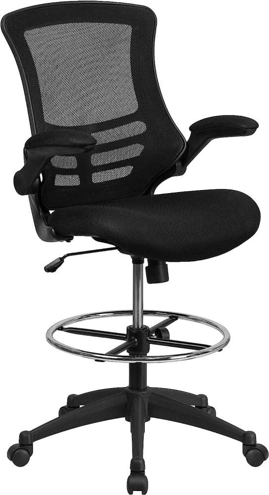 Flash Furniture Zeichenstuhl mit mittelhoher Rückenlehne – Ergonomischer Schreibtischstuhl mit hochklappbaren Armlehnen und verstellbarem Fußring – Bürostuhl für Home Office – Schwarz Bild 1