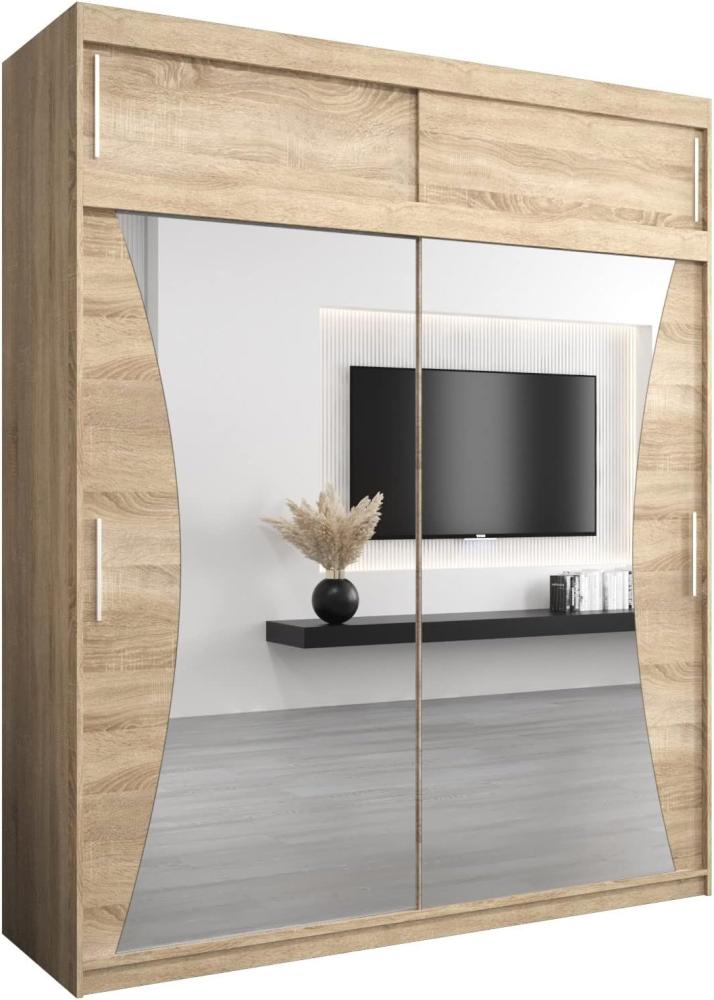 Kryspol Schwebetürenschrank Monaco 200 cm mit Spiegel Kleiderschrank mit Kleiderstange und Einlegeboden Schlafzimmer- Wohnzimmerschrank Schiebetüren Modern Design (Sonoma mit Erweiterung) Bild 1