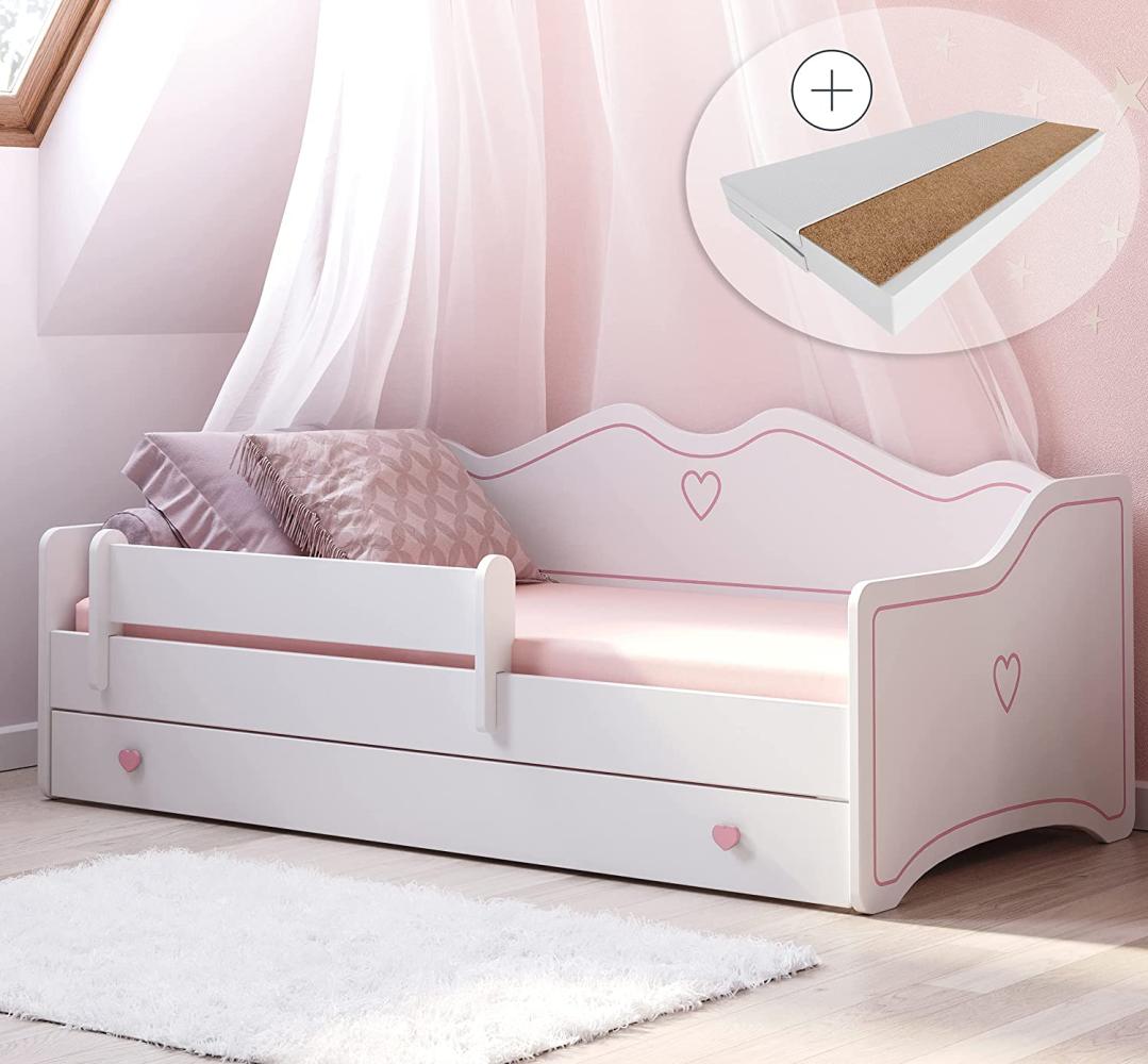 Kinderbett Mädchen Jugendbett 80x180 mit Matratze Rausfallschutz & Schublade | Prinzessin Kinder Sofa Couch Bett umbaubar rosa weiß Bild 1