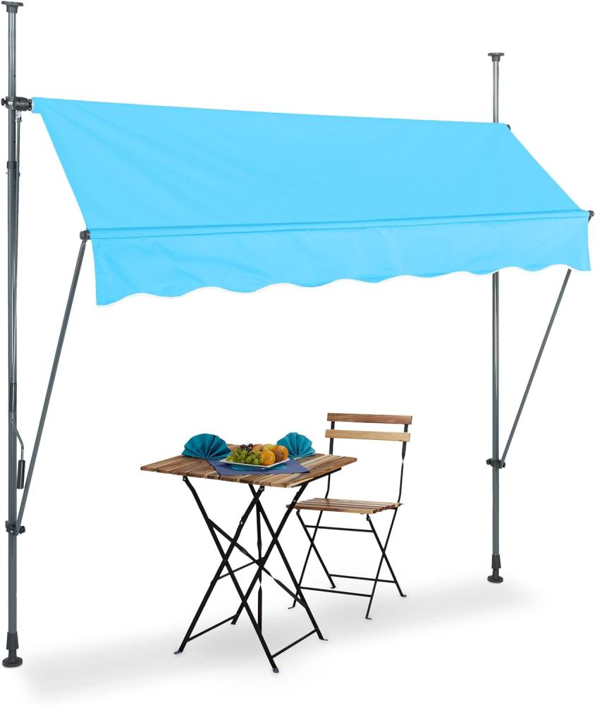 Relaxdays Klemmmarkise, 200 cm breit, höhenverstellbar, Sonnenschutz Balkon, ohne Bohren, UV-beständig, hellblau/grau Bild 1
