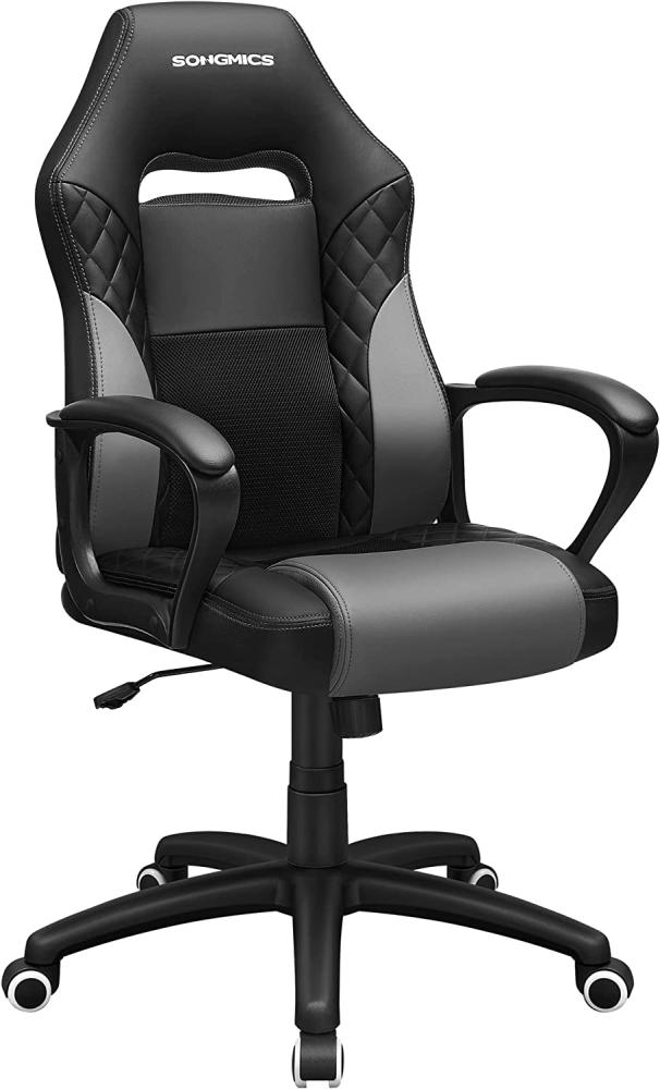 SONGMICS Gamingstuhl, Bürostuhl mit Wippfunktion, Racing Chair, ergonomisch, S-förmige Rückenlehne, gut für die Lendenwirbelsäule, bis 150 kg belastbar, Kunstleder, schwarz-grau OBG38BG Bild 1