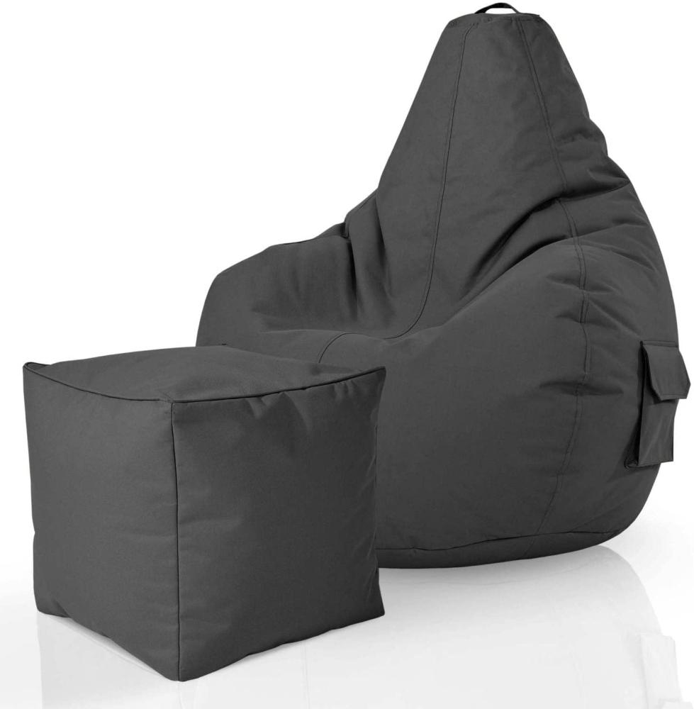 Green Bean© 2er Set Sitzsack + Hocker "Cozy+Cube" - fertig befüllt - Bean Bag Bodenkissen Lounge Sitzhocker Gamingstuhl Pouf - Anthrazit Bild 1