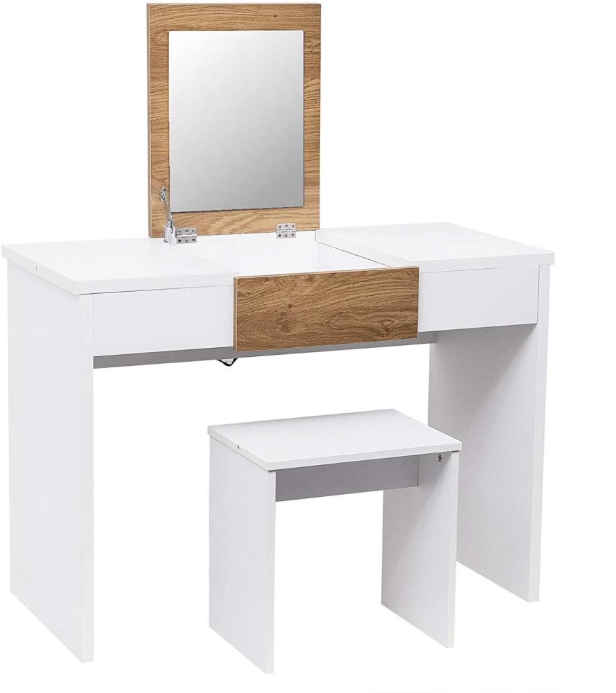 Woltu Schminkttisch mit Hocker & klappbarem Spiegel, weiß-eiche Bild 1