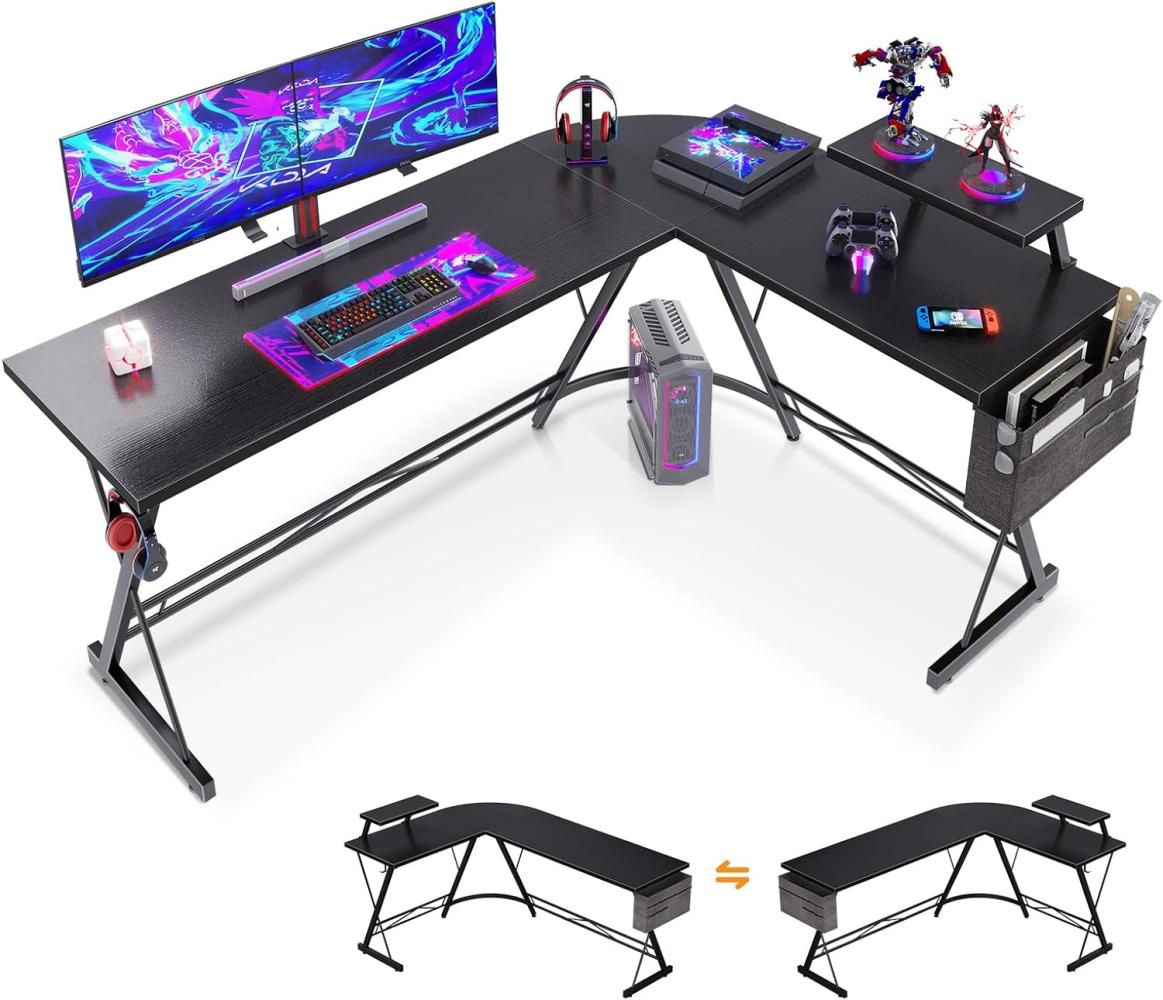 ODK Gaming Tische, 167 x 120 cm Computertisch, Schreibtisch L Form mit runder Ecke, Eckschreibtisch mit Monitorablage, Schwarz Bild 1