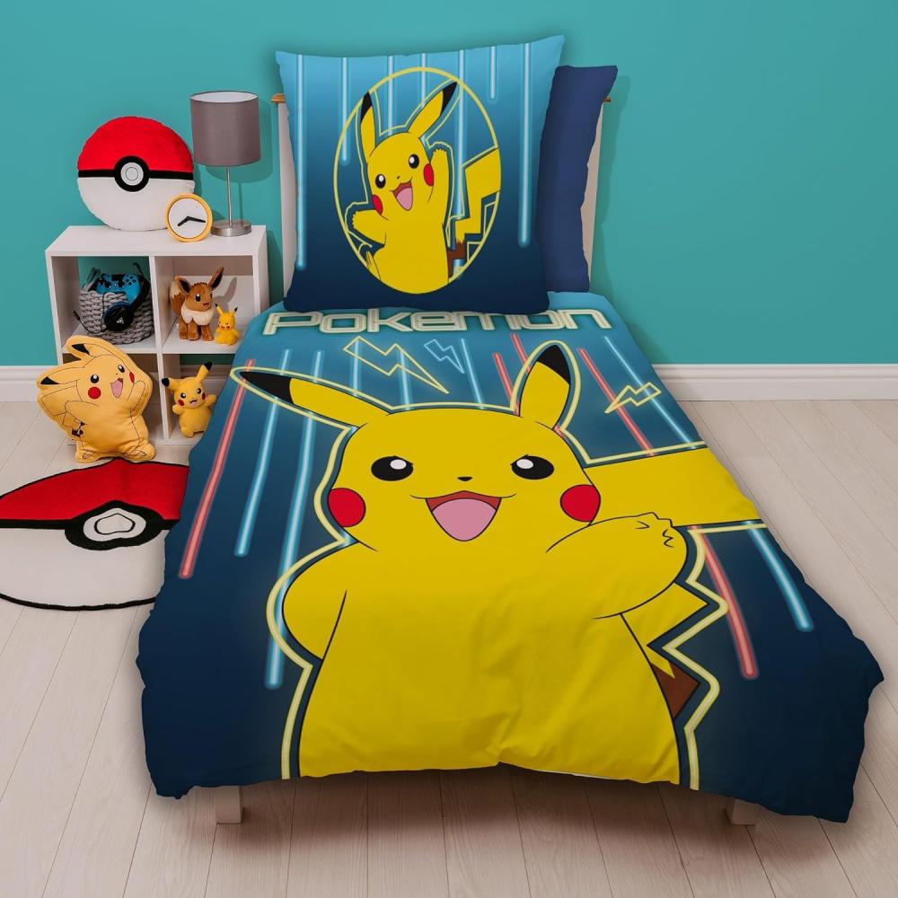 Pokemon Bettwäsche für Kinder mit Pikachu 135x200 80x80 cm Motiv Glow aus 100% Baumwolle Bild 1