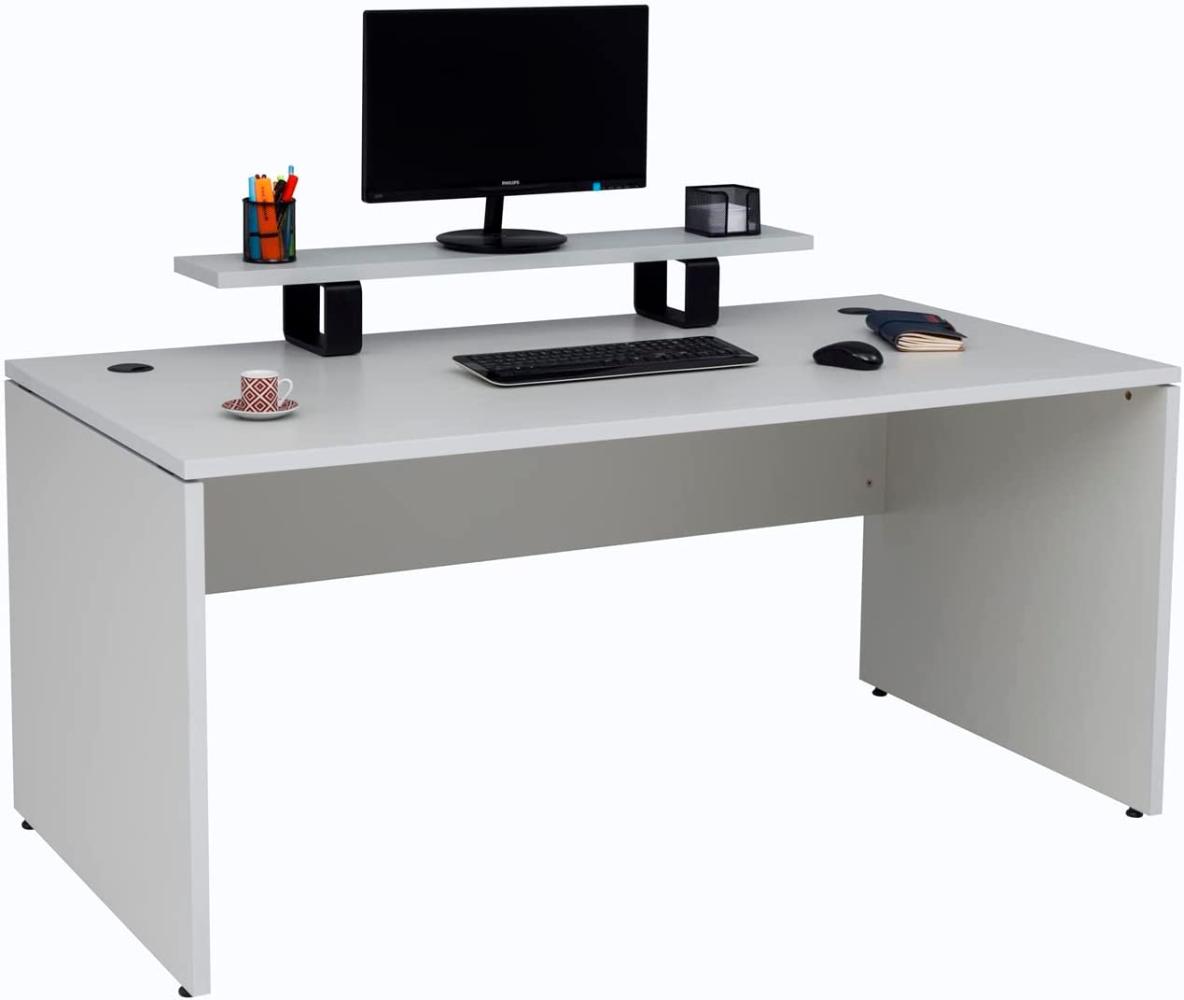 furni24 Schreibtisch fürs Arbeitszimmer und Home Office - Großer laminierter Computertisch aus Holz, 2 Kabeldurchlässe, Bodengleiter (Grau, inkl. Monitorständer, 180x80x75 cm) Bild 1