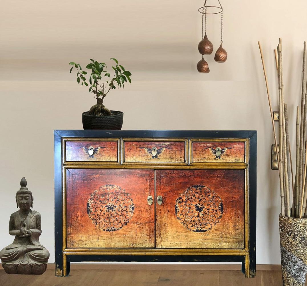 OPIUM OUTLET Asia Kommode Schlafzimmer, Sideboard Vintage Schrank chinesisch orientalisch Anrichte orange Shabby Chic Stil Bild 1