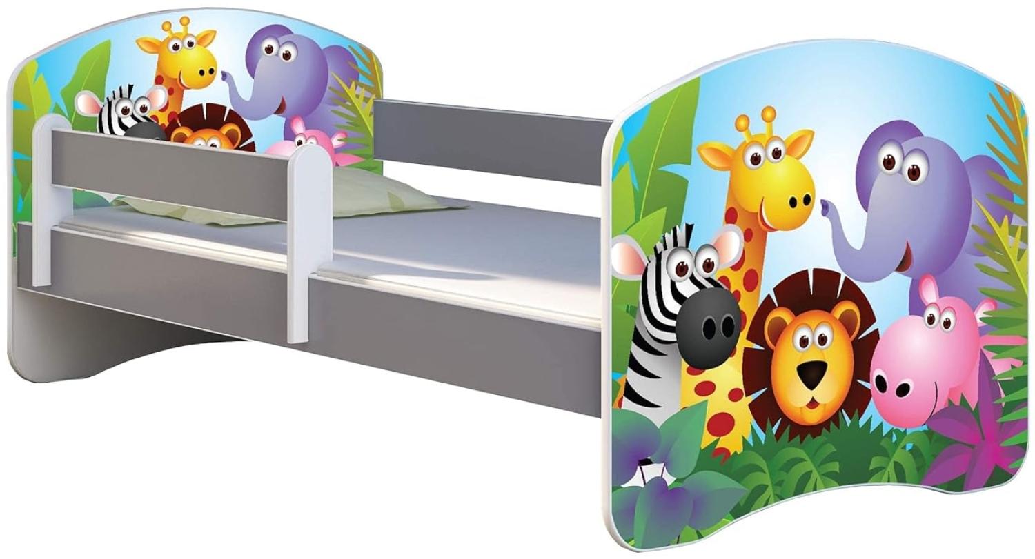 ACMA Kinderbett Jugendbett mit Einer Schublade und Matratze Grau mit Rausfallschutz Lattenrost II (01 Zoo, 160x80) Bild 1