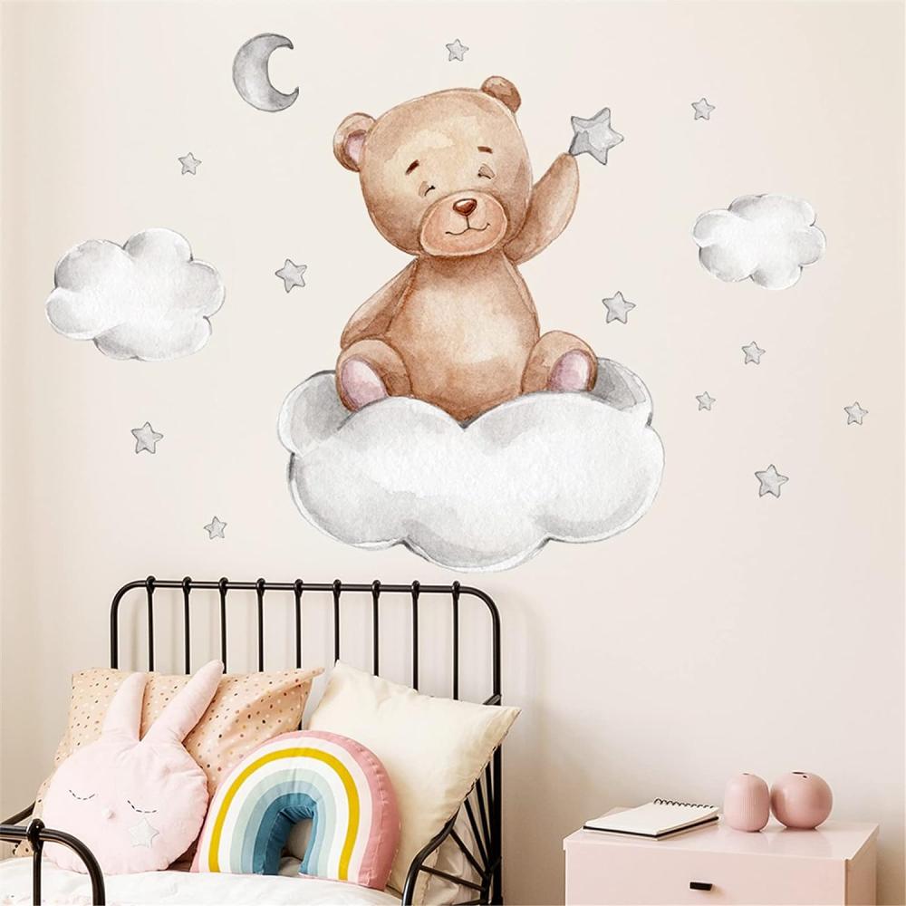 Kleiner Bär Wandaufkleber Kinderzimmer Deko, Abnehmbare Groß Tier Wandtattoo, Wolken Wandsticker Mädchen Junge Babyzimmer Deko Bild 1