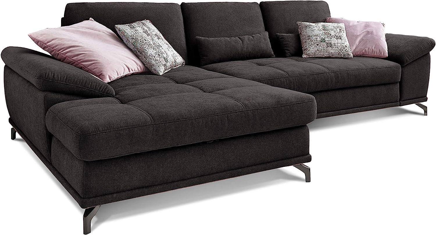 Cavadore L-Form-Sofa Castiel mit Federkern / Große Eckcouch mit Sitztiefenverstellung und XL-Longchair / 312 x 89 x 173 / Webstoff, Schwarz Bild 1