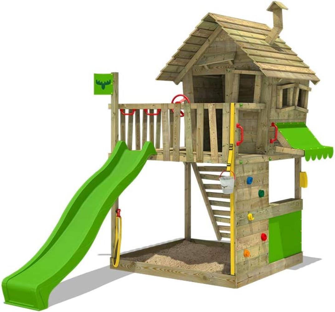 FATMOOSE Spielturm Klettergerüst GroovyGarden mit apfelgrüner Rutsche, Spielhaus mit Sandkasten, Leiter & Spiel-Zubehör Bild 1