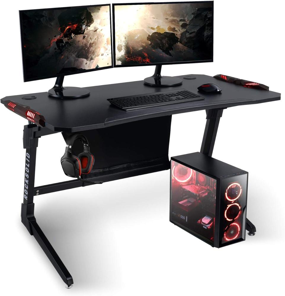 ELITE Gaming-Tisch Rocksolid Gamer-Schreibtisch Computertisch Carbon-Optik + LED (Schwarz) Bild 1