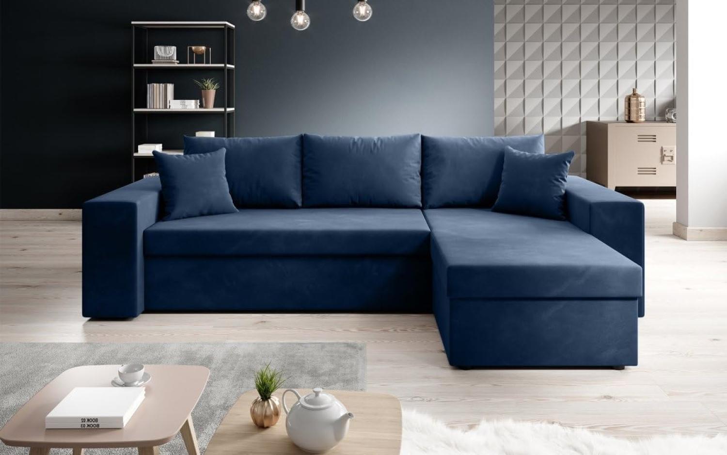 Designer Sofa Denver mit Schlaf- und Klappfunktion Blau Samt Rechts Bild 1