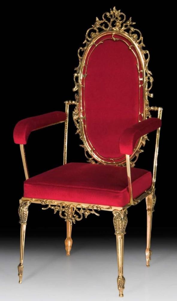 Casa Padrino Luxus Barock Esszimmer Stuhl Bordeauxrot / Gold - Handgefertigter Bronze Stuhl mit Armlehnen und edlem Samtstoff - Luxus Esszimmer Möbel im Barockstil - Barock Möbel Bild 1