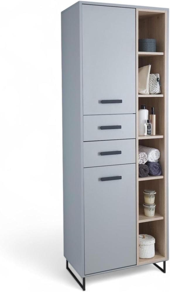 Stella Trading Tunis Badezimmer Hochschrank in Grau/Eiche Sonoma Optik - Badezimmerschrank Bad Schrank mit viel Stauraum - 65 x 185 x 38 cm (B/H/T) Bild 1