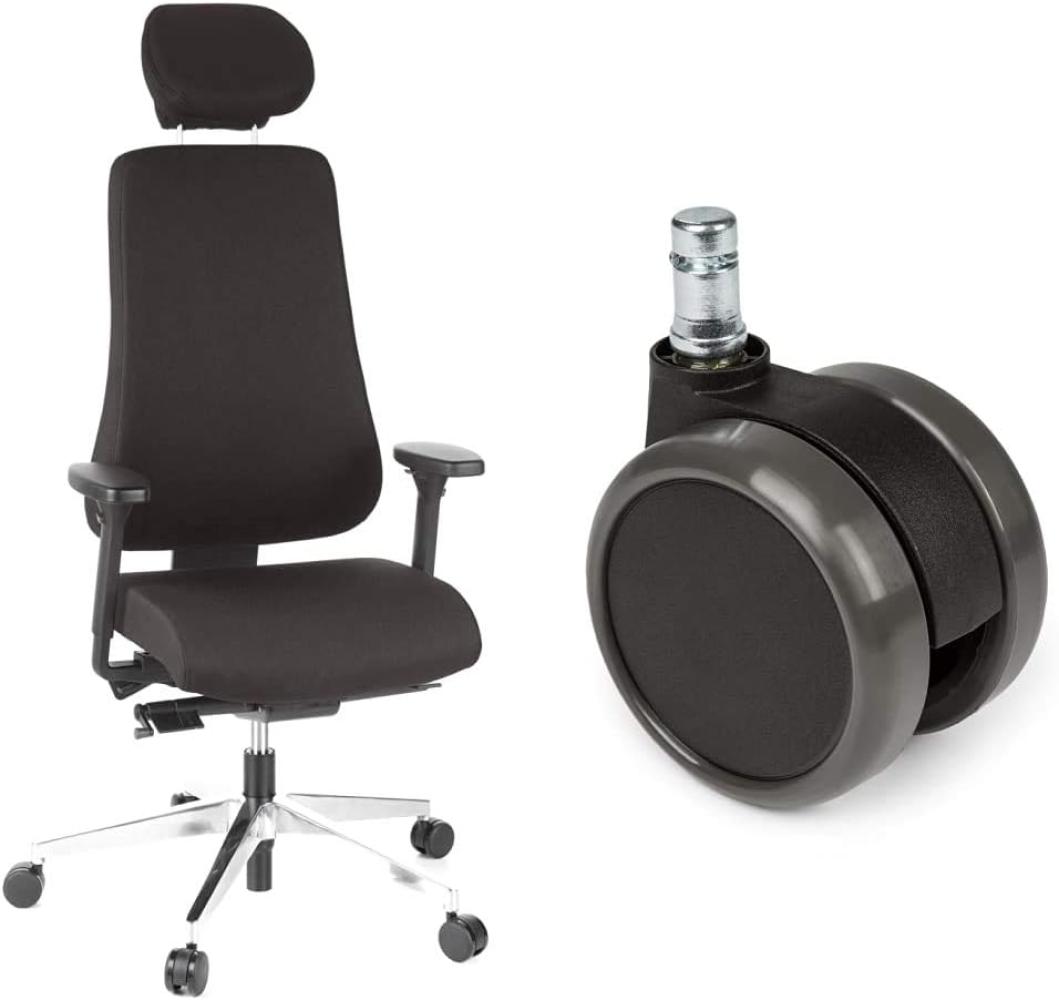 hjh OFFICE Bürostuhl/Chefsessel PRO-TEC 400 Stoff schwarz Alu poliert & 5X Hartbodenrollen 11mm / 65mm Büro-Stuhl-Rollen für Hartböden (5er Pack) Bild 1