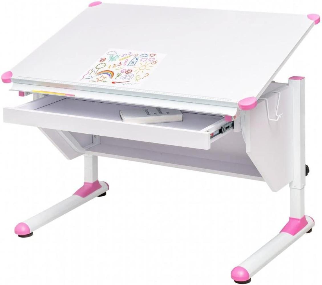 MSZ Design Kinderschreibtisch Schülerschreibtisch Variant weiß verstellbar mit Schublade und Wechselkappen in Grau und Pink für Jungs und Mädchen Bild 1