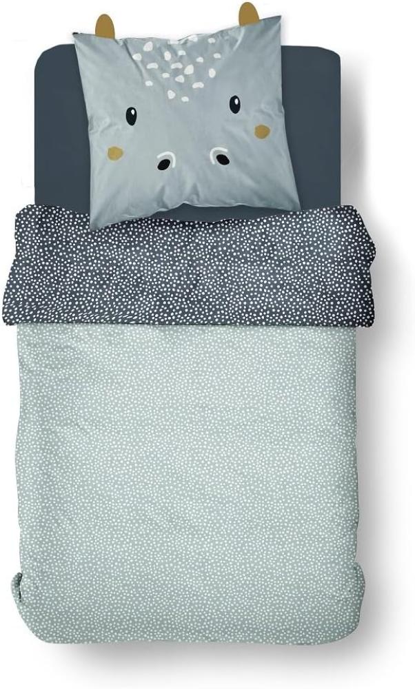 Kinderbettwäsche Set Blau 135x200 80x80 cm Motiv Hippo mit Nilpferd Flusspferd aus 100% Baumwolle mit Reißverschluss Bild 1