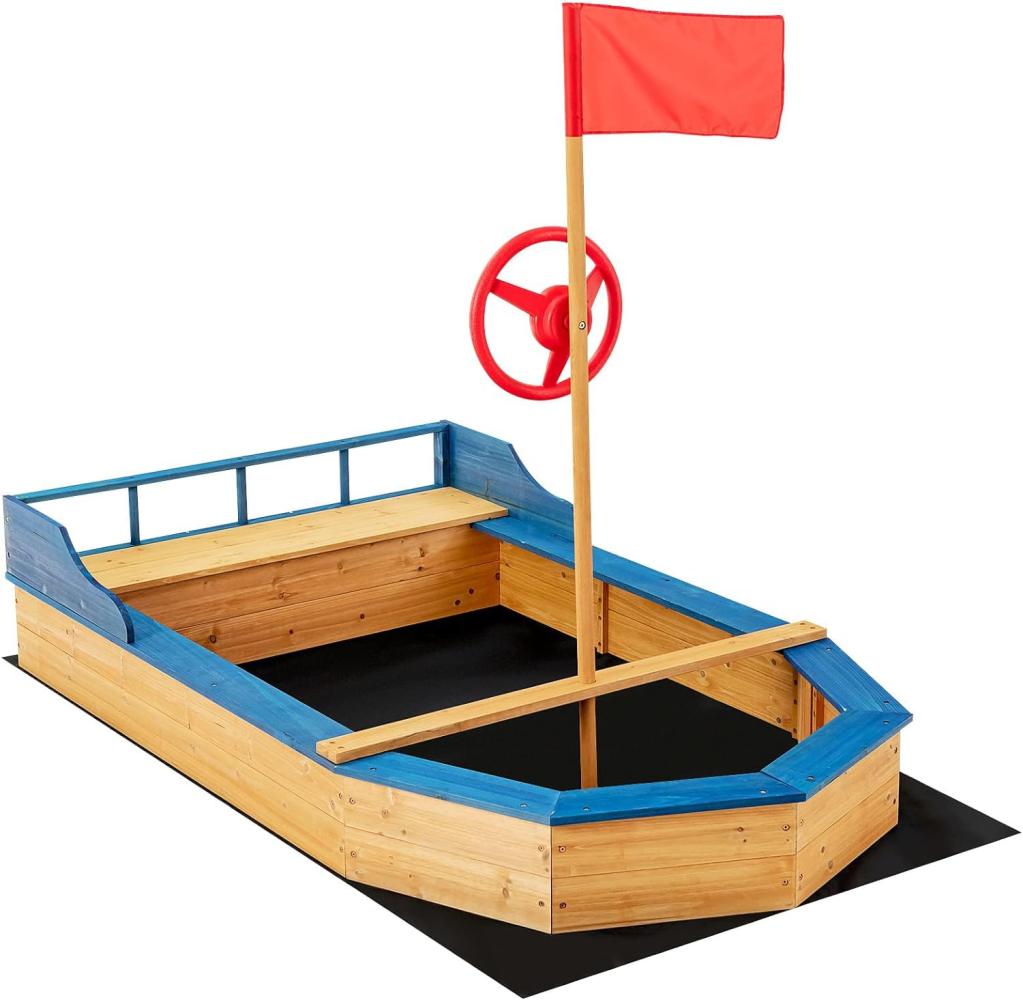 COSTWAY Sandkasten aus 100% massivem Tannenholz, Piratenschiff Boot mit Sitzbank und Aufbewahrungsbox, inkl. Bodenplane, Kinder Sandkiste Segelschiff für den Garten und Outdoor Bild 1