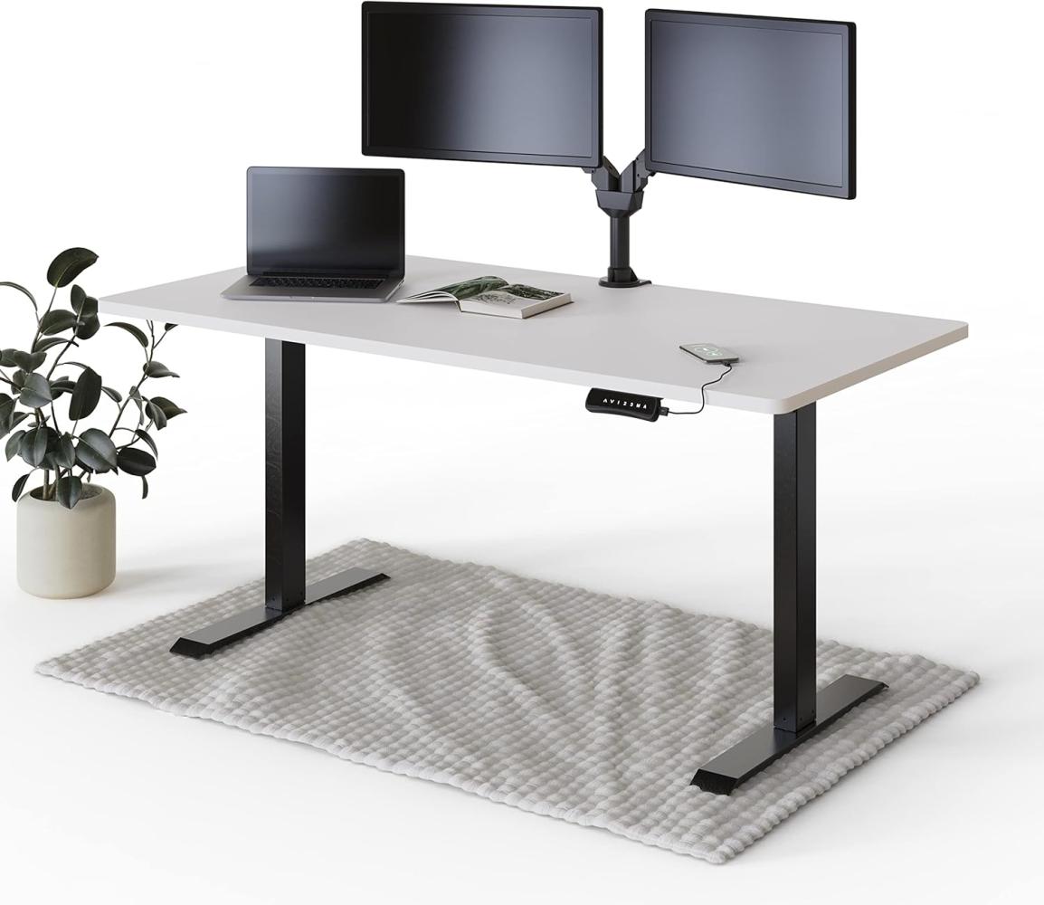 DESQUP® PRO Elektrisch höhenverstellbarer Schreibtisch | +160x80 cm Weiße Tischplatte | Ergonomischer Stehpult mit Memory Funktion & Kollisionschutz | Schwarzes elektrisches Gestell mit Ladebuchse Bild 1