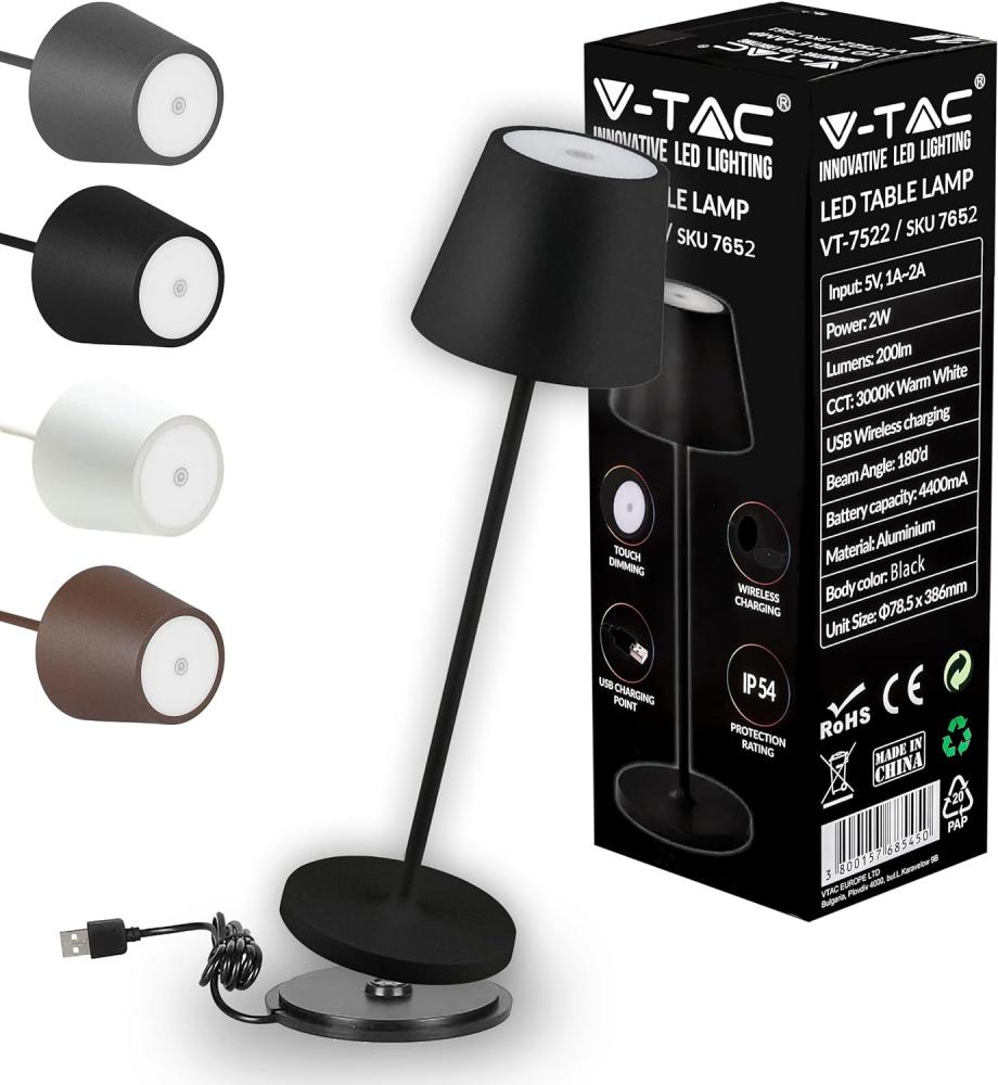 V-TAC Dimmbare LED Tischlampe Kabellos mit Touch-Bedienung - Wiederaufladbar Schwarz Lampe für den Innen und Draußen - Außenbereich IP54 - Hause Restaurant - 4400-mAh-Akku - Warmweiß 3000K Bild 1