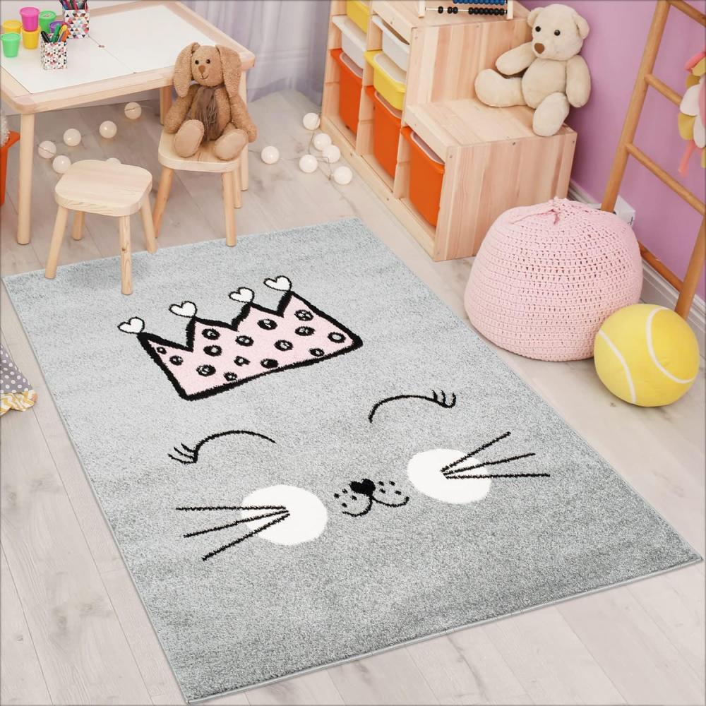 carpet city Kinderteppich Bubble Kids Flachflor mit Katze und Krone in Grau für Kinderzimmer; Größe: 160x225 cm Bild 1