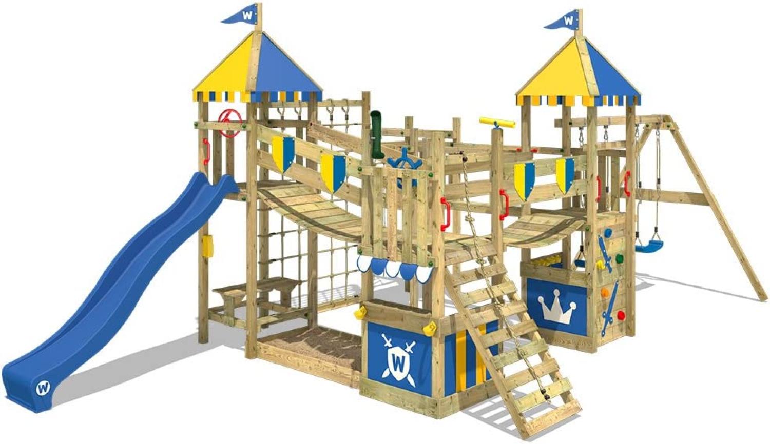 WICKEY Spielturm Ritterburg Smart King mit Schaukel & blauer Rutsche, Spielhaus mit Sandkasten, Kletterleiter & Spiel-Zubehör Bild 1