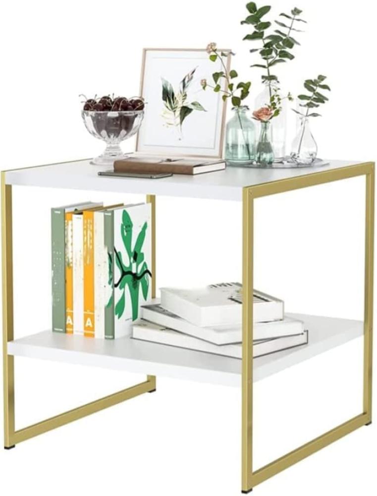 Beistelltisch mit 2 Ablagen Nachttisch Couchtisch im skandinavisch Stil Telefontisch aus Holz und Metall Weiß Gold 50x50x50cm Bild 1
