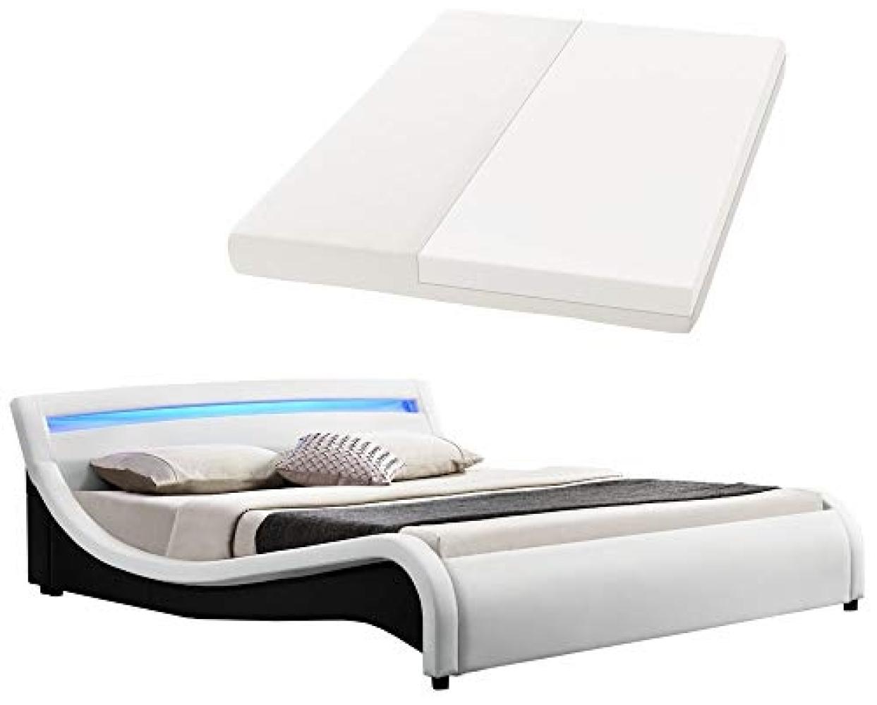 Polsterbett Malaga 180 x 200 cm – Bett mit Lattenrost, Matratze & LED Beleuchtung Kopfteil, Bettgestell mit Kunstleder – Doppelbett weiß Bild 1