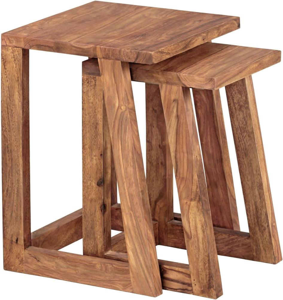 Wohnling 2er Set Beistelltisch Massivholz Design Wohnzimmer-Tisch eckig Nachttisch Satztisch Landhaus-Stil Naturprodukt Bild 1
