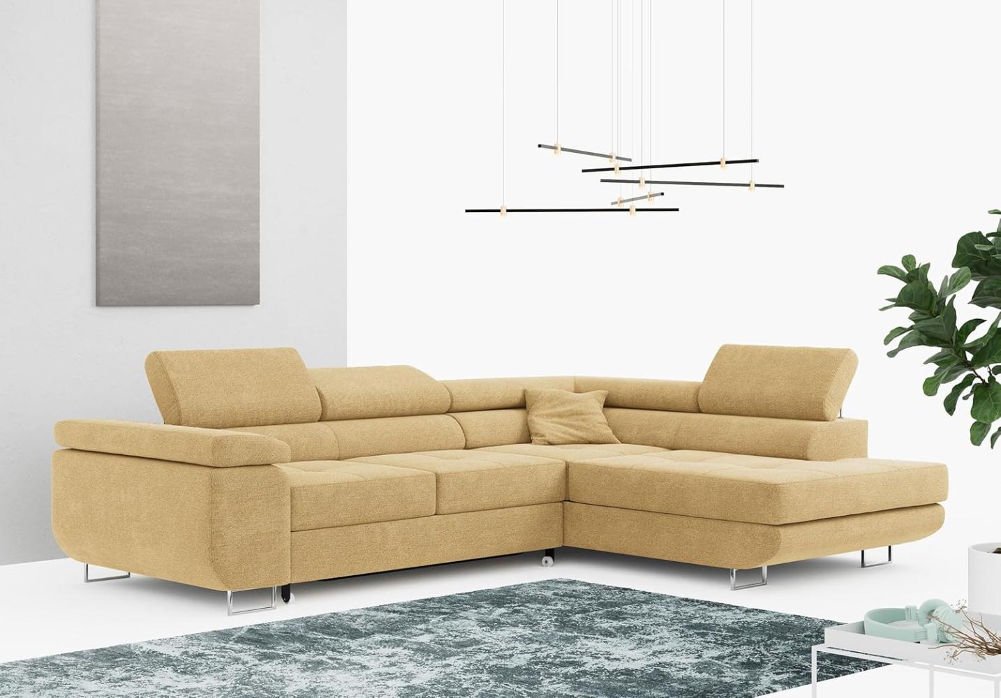 Ecksofa L-Form Couch mit Schlaffunktion und Verstellbare Kopfstützen - GUSTAW - Gelb Stoff - Rechts Bild 1