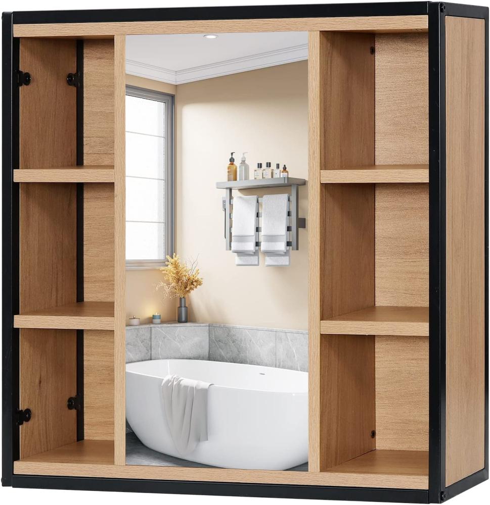 EUGAD Spiegelschrank Bad, Badezimmerschrank mit Spiegel, Schrank mit Badezimmerspiegel, Hängeschrank Badezimmer, mit verstellbaren Ablagen, aus Metall Holzwerkstoff, 60 x 58 x 16 cm Bild 1