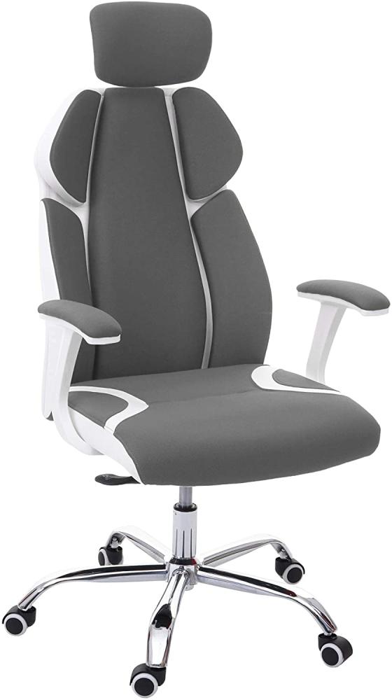 Bürostuhl HWC-F12, Schreibtischstuhl Drehstuhl Racing-Chair, Sliding-Funktion Stoff/Textil + Kunstleder ~ grau/weiß Bild 1