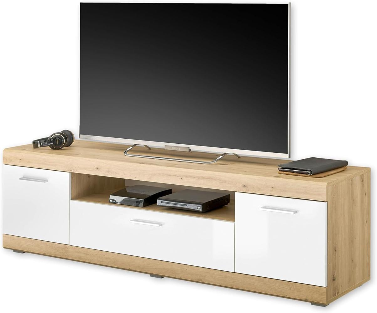 NOLA TV-Lowboard in Artisan Eiche Optik, Weiß Hochglanz - Moderner TV Schrank mit Schublade und viel Stauraum für Ihr Wohnzimmer - 165 x 49 x 43 cm (B/H/T) Bild 1