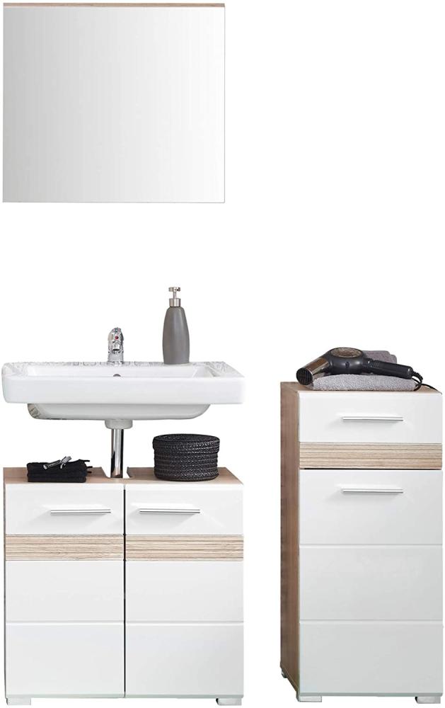 Badmöbel Set SetOne Hochglanz weiß und Eiche 3-teilig 110 cm, ohne Waschbecken Bild 1
