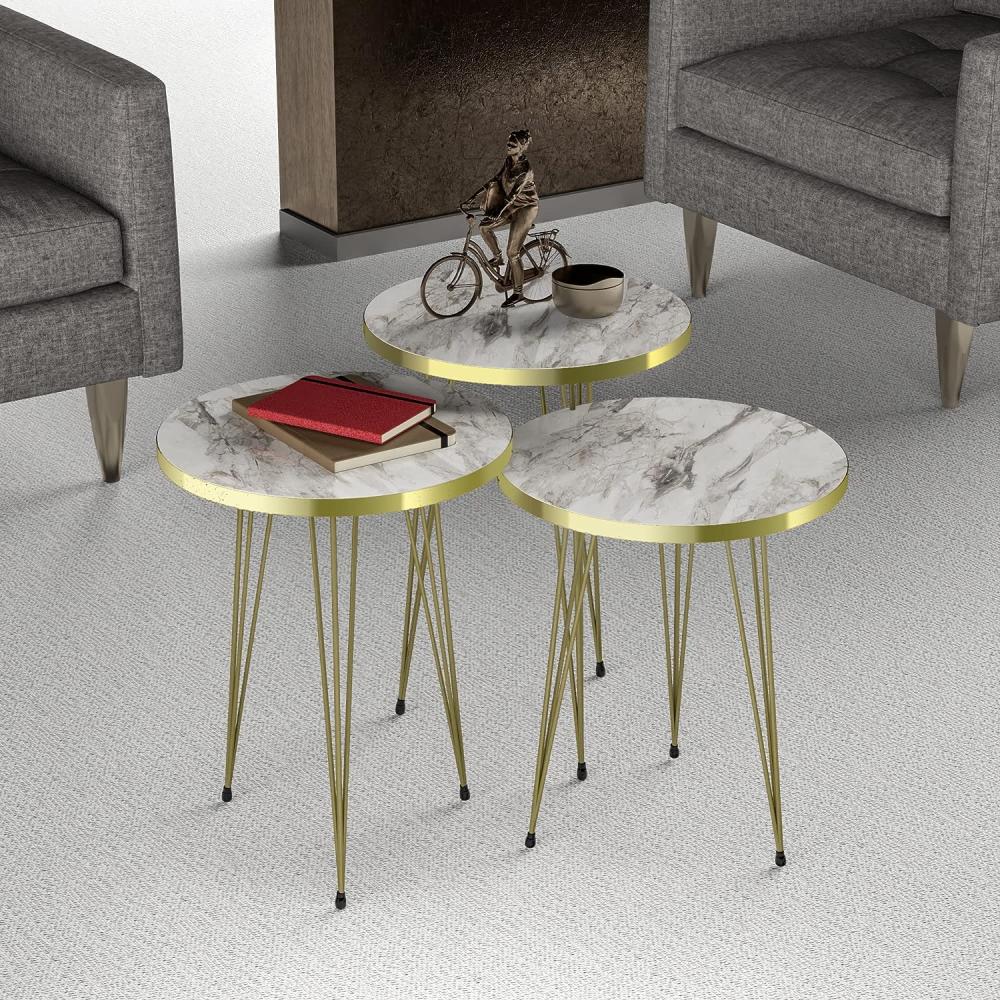 [en. casa] Beistelltisch-Set Ry Satztisch 3er Set weiße Marmor-Optik Abstelltisch mit runder Tischplatte Hairpinlegs aus Metall Goldfarben Wohnzimmertisch Bild 1
