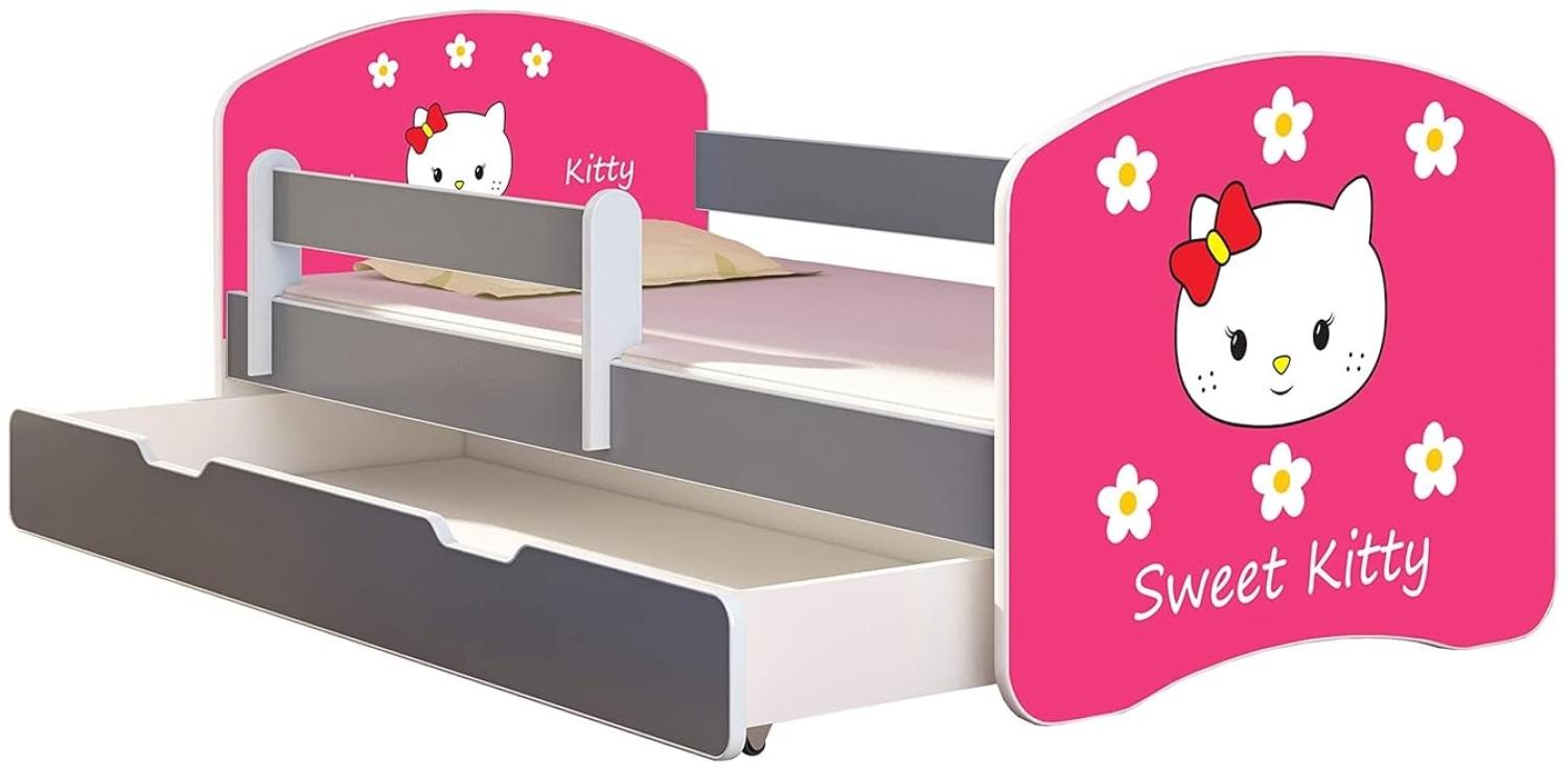 ACMA Kinderbett Jugendbett mit Einer Schublade und Matratze Grau mit Rausfallschutz Lattenrost II (16 Sweet Kitty 2, 140x70 + Bettkasten) Bild 1