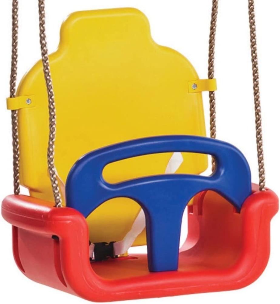 WICKEY Babyschaukel 3 in 1 Kleinkindschaukel Sicherheits-Babysitz Schaukelsitz mit Kipp-Schutz, verstellbar, rot-gelb-blau Bild 1