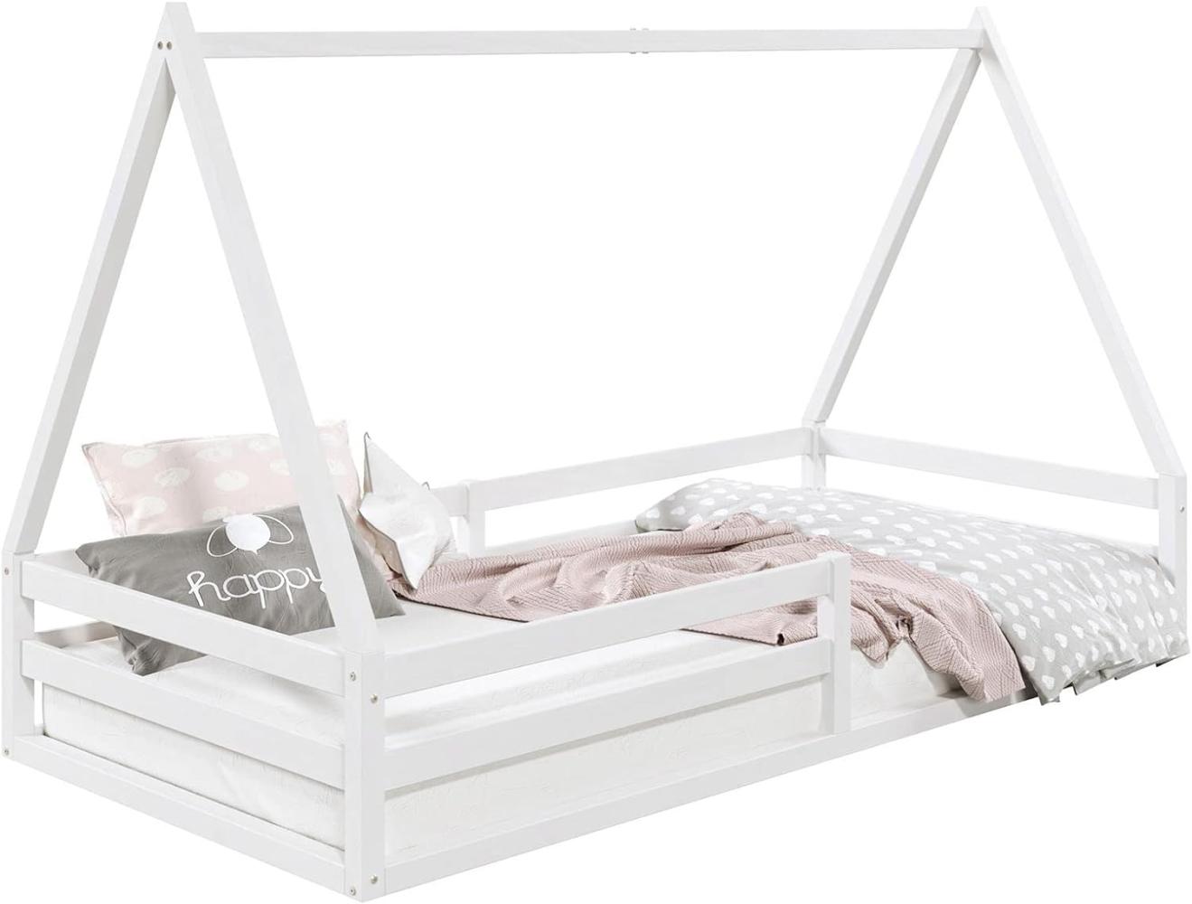 IDIMEX Hausbett SILA aus massiver Kiefer, schönes Montessori Bett in 90 x 200 cm, stabiles Kinderbett mit Rausfallschutz und Dach in weiß Bild 1