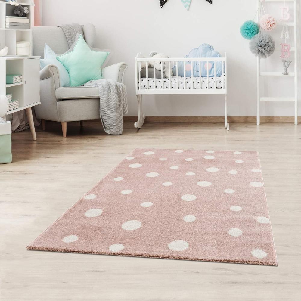 Jimri Kinderteppich DOTS l Pünktchen Gepunktet l Öko-Tex Siegel | Farbe: Beige Blau Rosa | Kinderzimmer/Jugendzimmer (Rosa, 80x150 cm) Bild 1