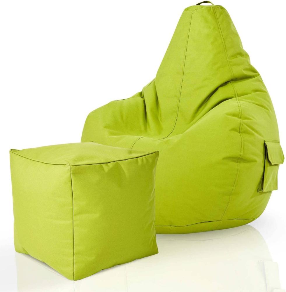 Green Bean© 2er Set Sitzsack + Hocker "Cozy+Cube" - fertig befüllt - Bean Bag Bodenkissen Lounge Sitzhocker Gamingstuhl Pouf - Hellgrün Bild 1