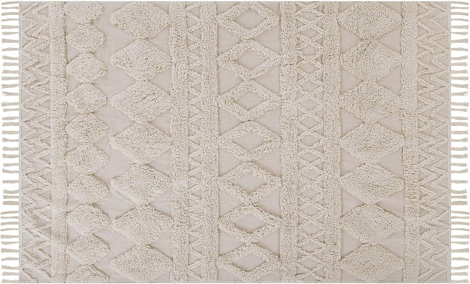 Teppich Baumwolle beige 140 x 200 cm geometrisches Muster Fransen Kurzflor DIDIM Bild 1