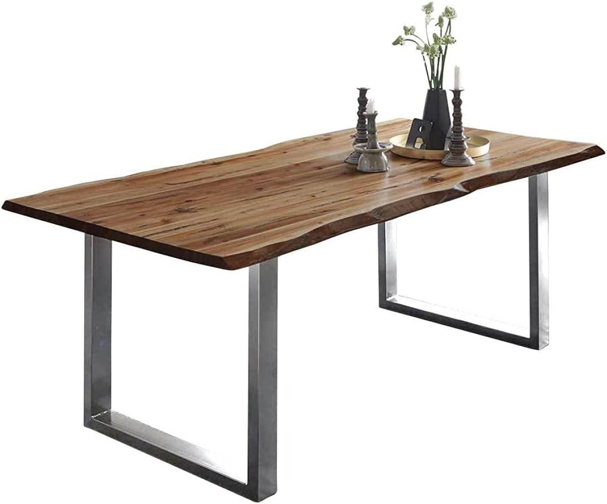 SAM Baumkantentisch 180x90 cm Mephisto, Akazienholz massiv + naturfarben lackiert, Esstisch mit Edelstahl U-Gestell gebürstet, Esszimmertisch/Holztisch im Industrial-Design, Tischplatte 26 mm Bild 1