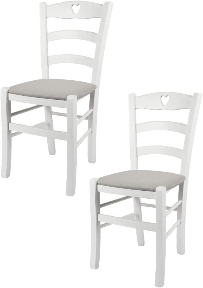Tommychairs - 2er Set Stühle CUORE für Küche und Esszimmer, Robuste Struktur aus Buchenholz, deckend Weiss lackiert und gepolsterte Sitzfläche mit Stoff in der Farbe Perlgrau bezogen Bild 1