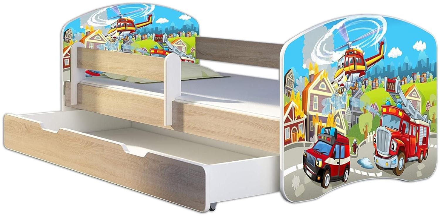 Kinderbett Jugendbett mit einer Schublade und Matratze Sonoma mit Rausfallschutz Lattenrost ACMA II 140x70 160x80 180x80 (36 Feuerwehr, 180x80 + Bettkasten) Bild 1