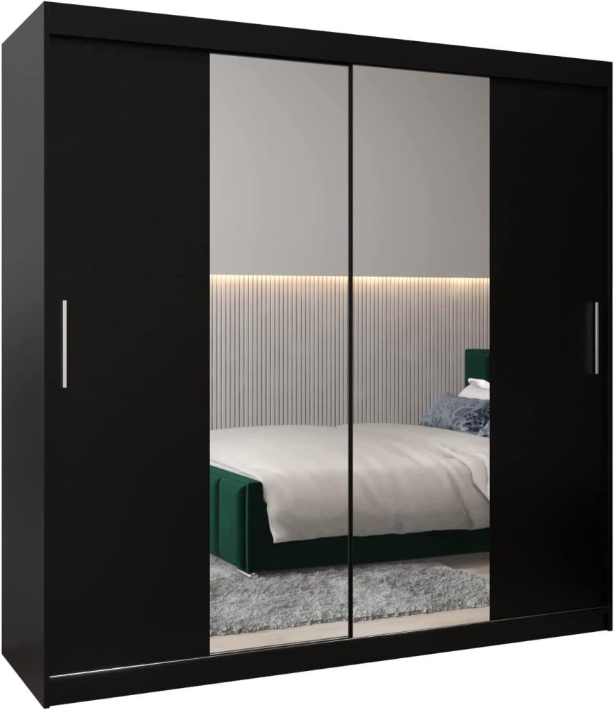 Schwebetürenschrank Tokyo 1-200 cm mit Spiegel Kleiderschrank mit Kleiderstange und Einlegeboden Schlafzimmer- Wohnzimmerschrank Schiebetüren Modern Design (Schwarz) Bild 1
