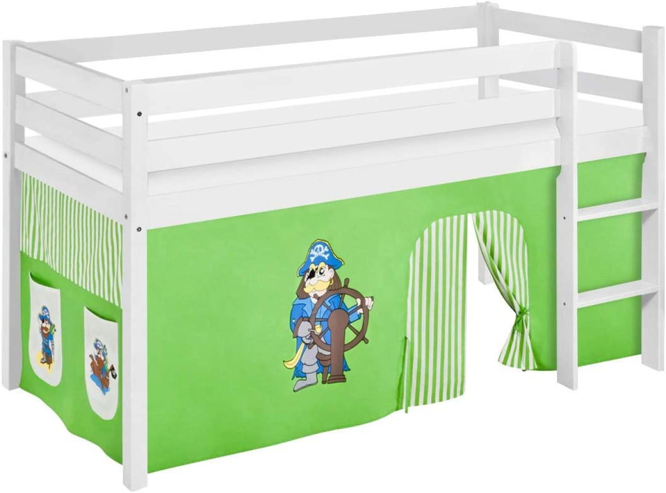 Lilokids 'Jelle' Spielbett 90 x 190 cm, Pirat Grün Beige, Kiefer massiv, mit Vorhang Bild 1