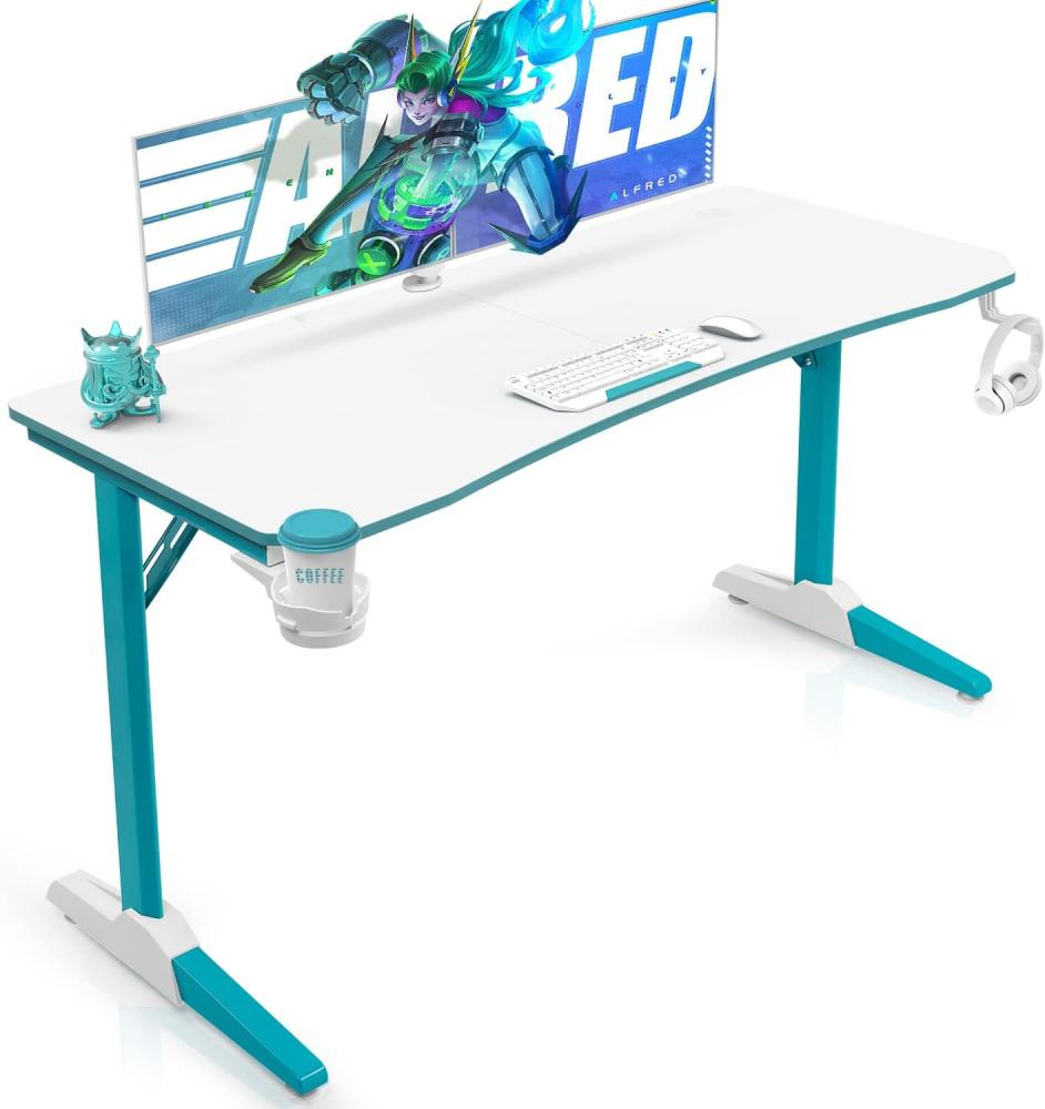 Devoko Gaiming Tisch 140cm Gaming Schreibtisch Weiß Gamer Computertisch Ergonomischer PC Tisch mit Kabelaufbewahrungsbox, Getränkehalter und Kopfhörerhalter T-förmiger (Weiß, 140 x 60 cm) Bild 1