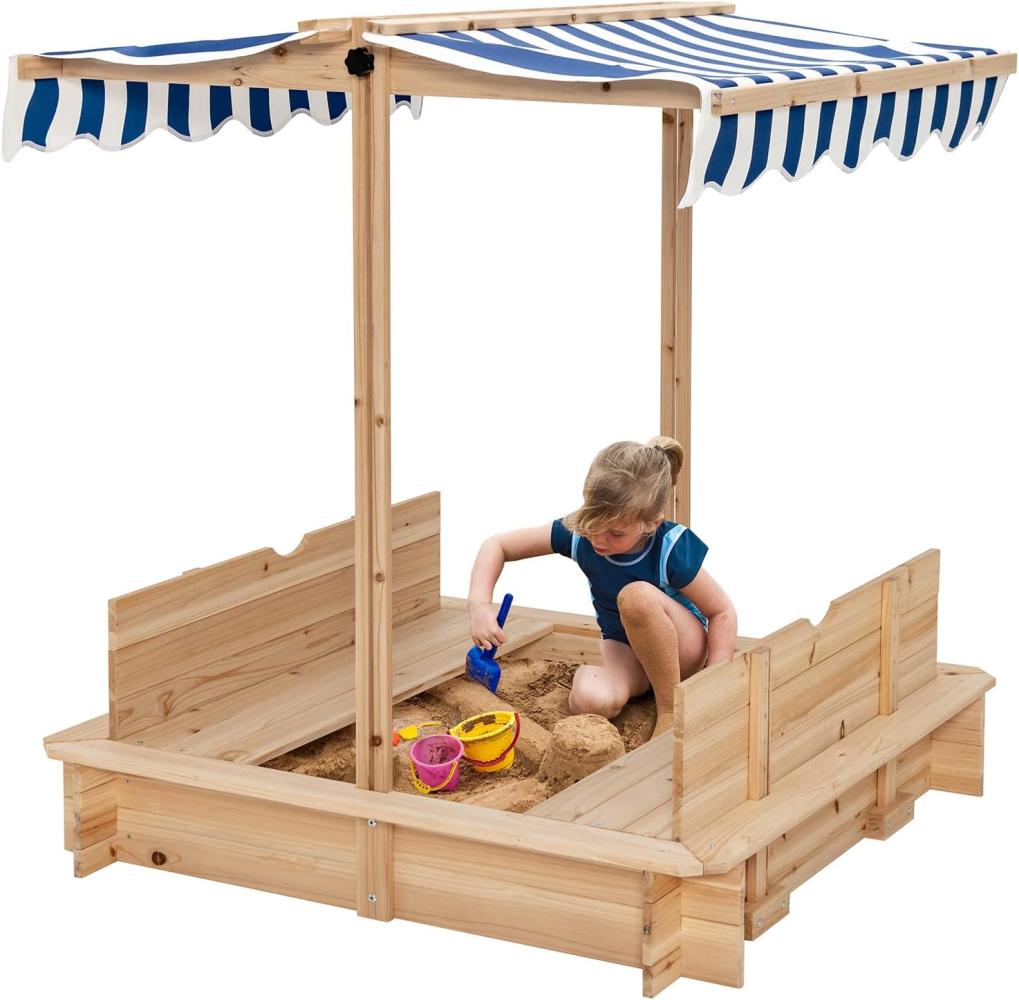COSTWAY Sandkasten aus Holz, Sandbox mit verstellbarem Dach & seitlicher Sitzbank, bodenloses Design, Sandkiste für Kinder 110x107x121cm Bild 1